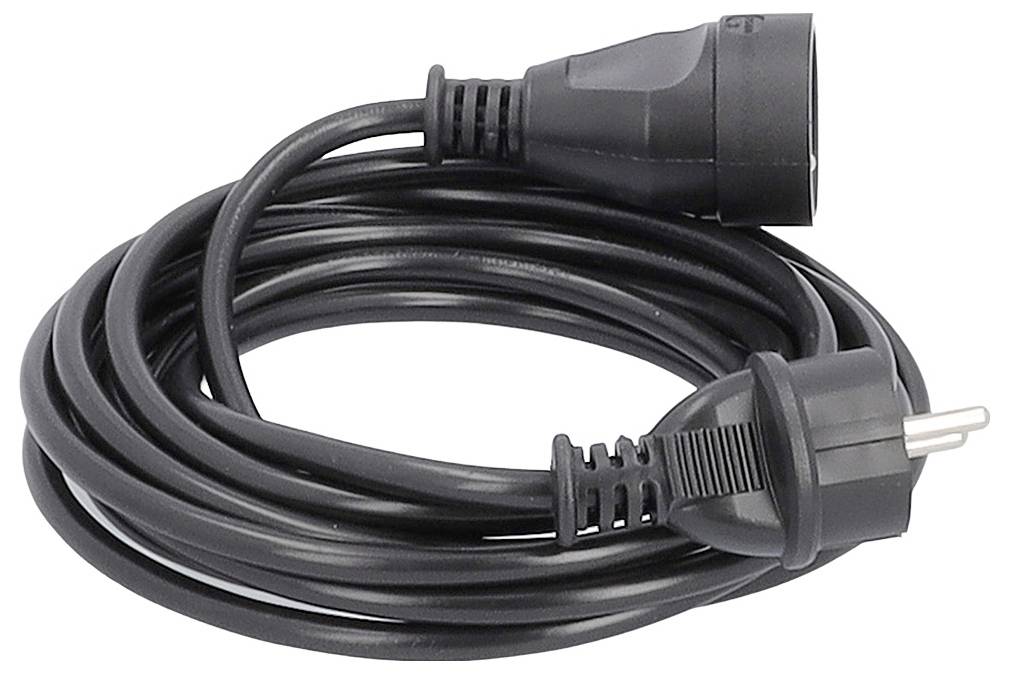 Rallonge électrique noire enroulée avec des fiches bipolaires et des prises aux extrémités sur un fond blanc.