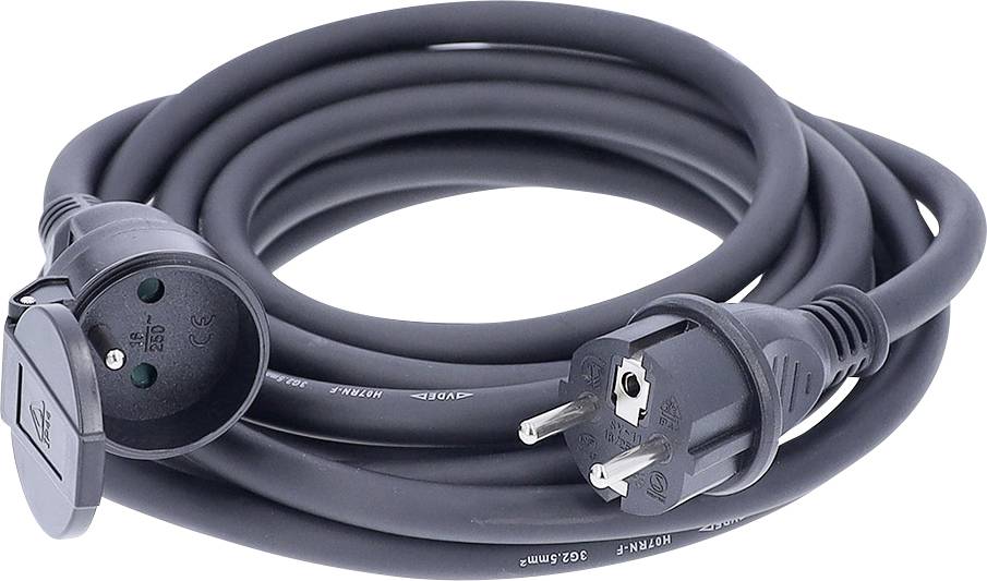 Cordon d'alimentation noir enroulé avec des extrémités à prise et douille mises à la terre sur un fond blanc.