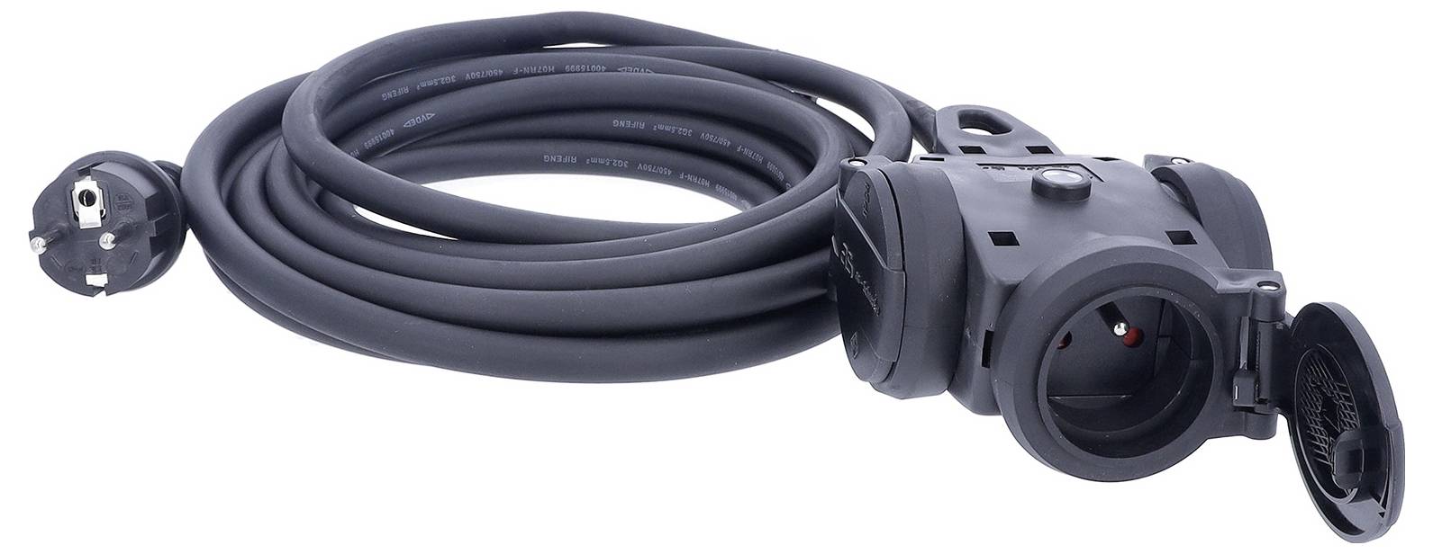 Câble d'alimentation électrique lourd noir avec connecteurs multi-broches, enroulé et présenté sur un fond blanc.