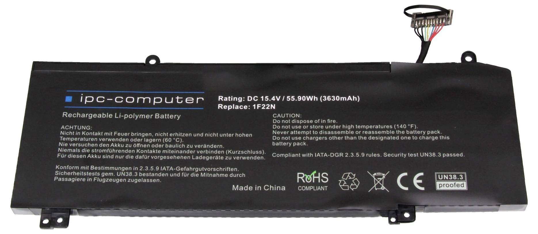Batterie rechargeable Li-polymère noire pour ordinateur IPC avec étiquette, avertissements de sécurité et connecteur de fil attaché.