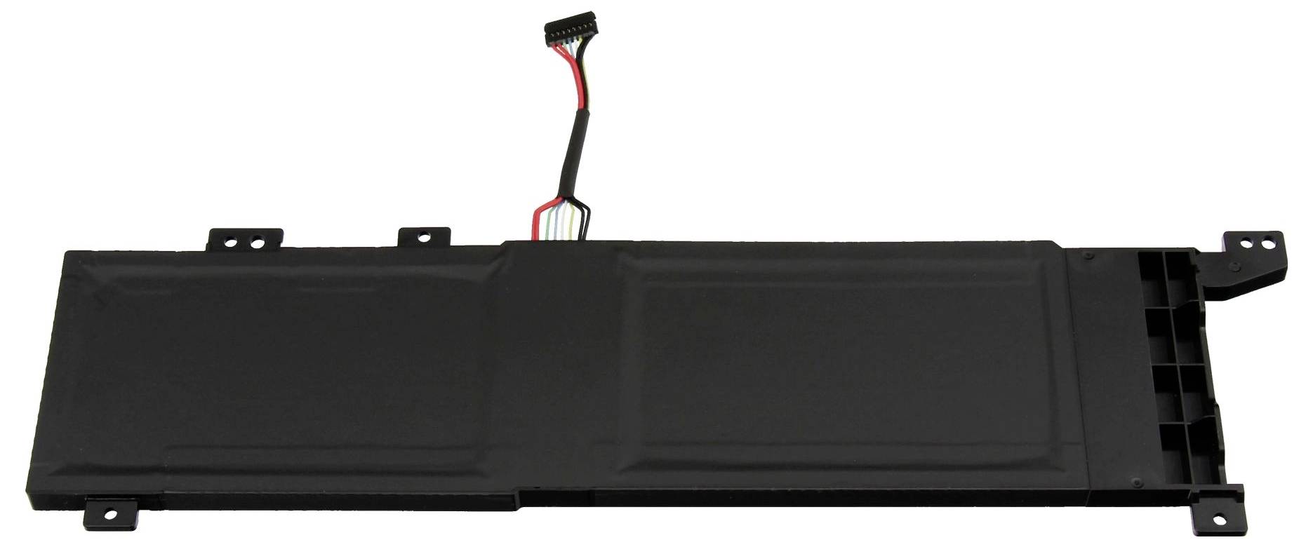 Bloc batterie électronique rectangulaire noir ou module avec des languettes de montage et un câble rouge et noir fixé au sommet.