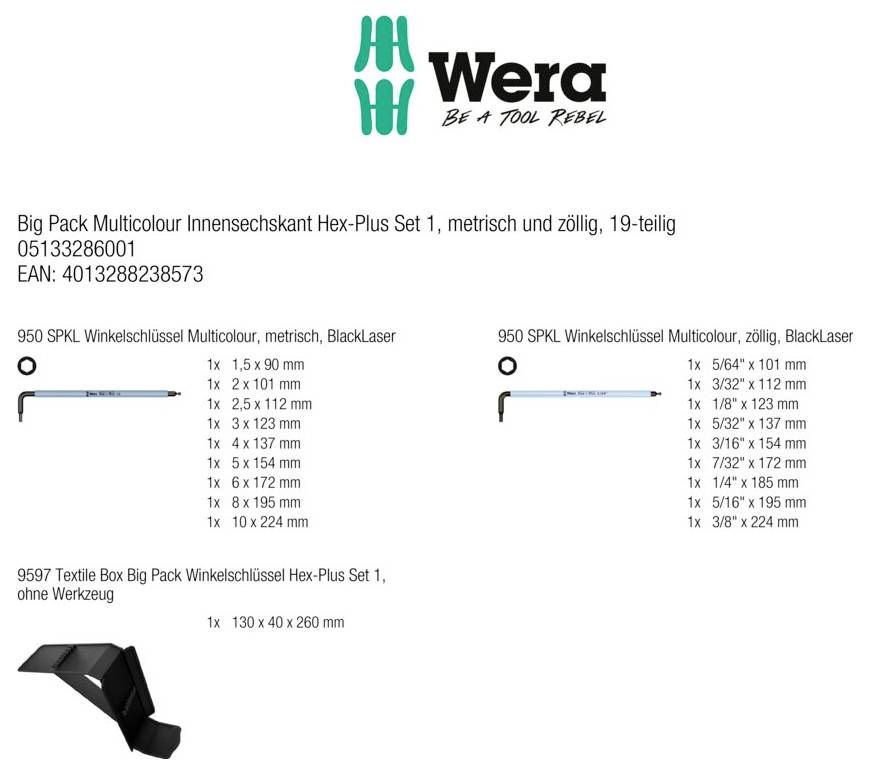 Wera Hex-Plus Set 1 6 pans intérieurs Jeu de clés mâles coudées 1.5 mm, 2 mm, 2.5 mm, 3 mm, 4 mm, 5 mm, 6 mm, 8 mm, 10 m-29