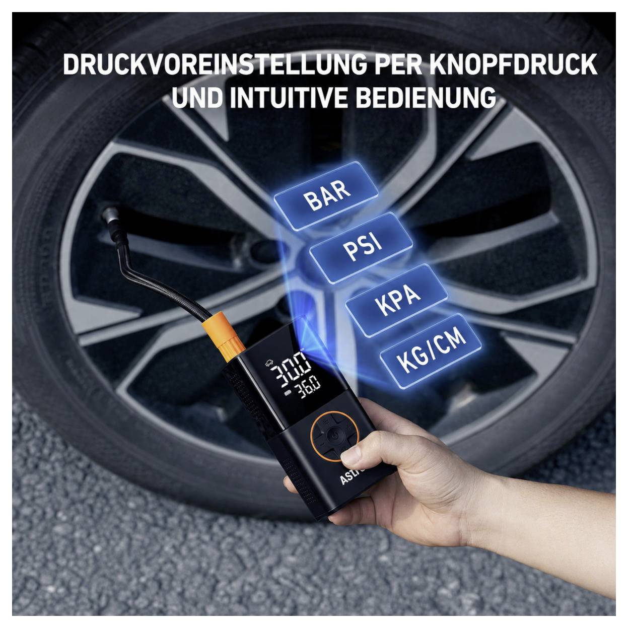 Gonfleur/manomètre de pneu portatif avec écran numérique sur une roue de voiture ; le texte indique « pression prédéfinie en appuyant sur un bouton et fonctionnement intuitif » avec les unités BAR, PSI, KPA, KG/CM.