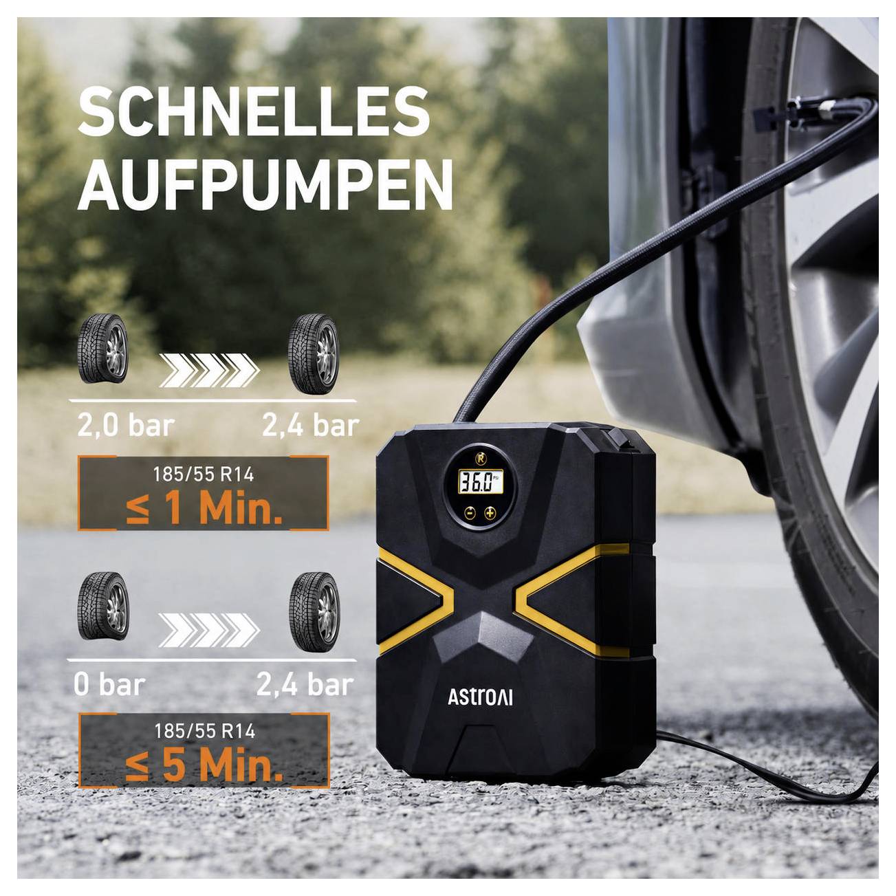 Annonce publicitaire pour un gonfleur de pneus portable AstroAI attaché à une roue de voiture, affichant « gonflage rapide » et une inflation de 2,0 à 2,4 bar en moins d'une minute ou de 0 à 2,4 bar en moins de 5 minutes.