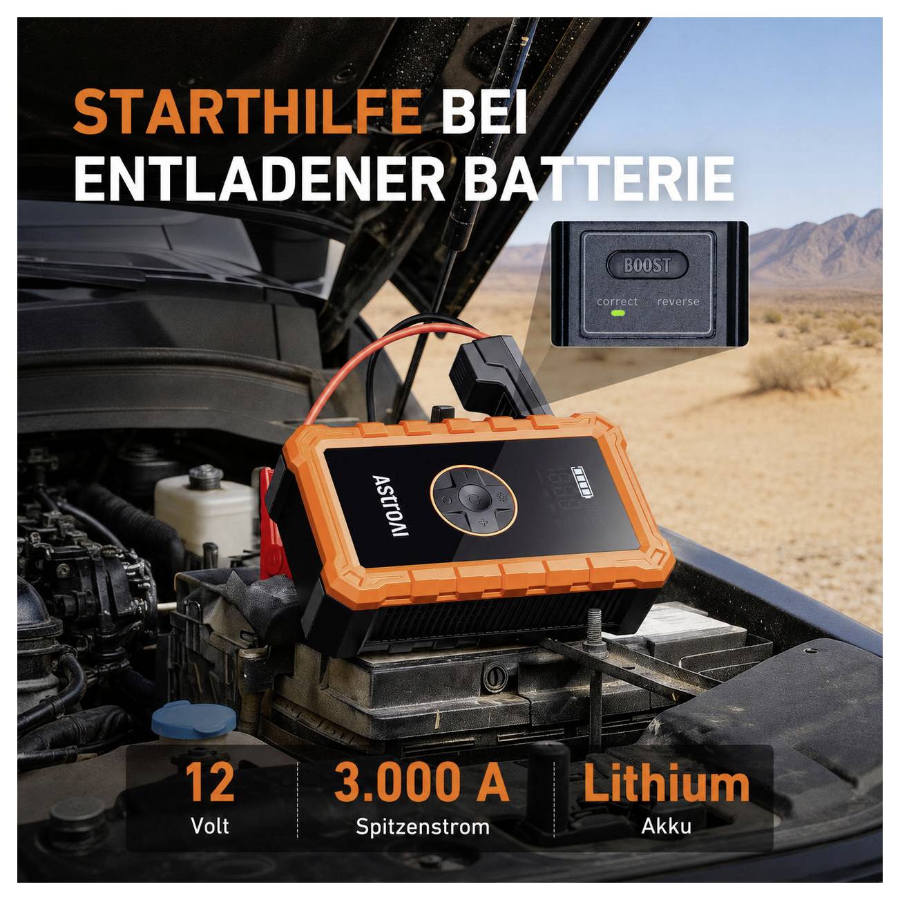 Démarreur portable avec écran dans le moteur d'une voiture, étiqueté « AIDE AU DÉMARRAGE EN CAS DE BATTERIE DÉCHARGÉE » et « 12 Volt », « 3 000 A », « Batterie Lithium ».