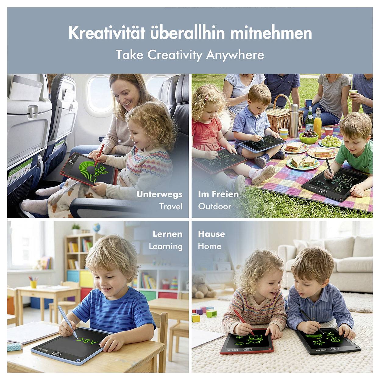 Collage intitulé « Kreativität überallhin mitnehmen / Emportez la créativité partout » montrant des enfants dessinant sur des tablettes en voyageant, en plein air, en apprenant et à la maison.