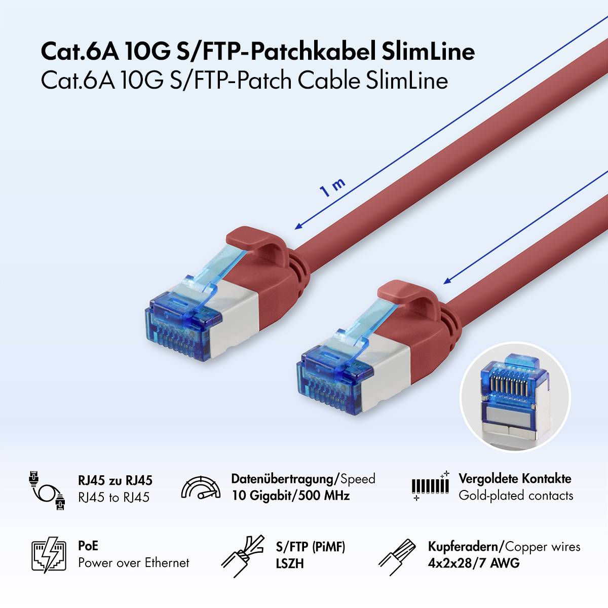 Image produit d'un câble de brassage Cat.6A 10G S/FTP SlimLine, montrant deux connecteurs RJ45 rouges, longueur de 1 m, et des icônes pour RJ45-à-RJ45, PoE, 10 Gigabit/500 MHz, contacts plaqués or, LSZH et fils de cuivre.