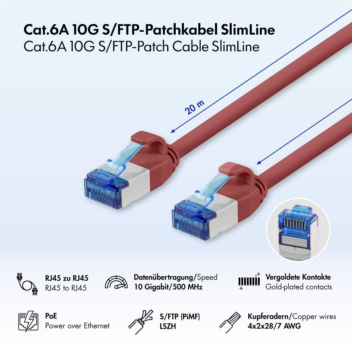 Image produit d'un câble de brassage Cat.6A 10G S/FTP SlimLine, présenté avec des connecteurs RJ45, longueur de 20 m, et des icônes mettant en évidence 10 Gigabit/500 MHz, PoE, contacts plaqués or et fils en cuivre.