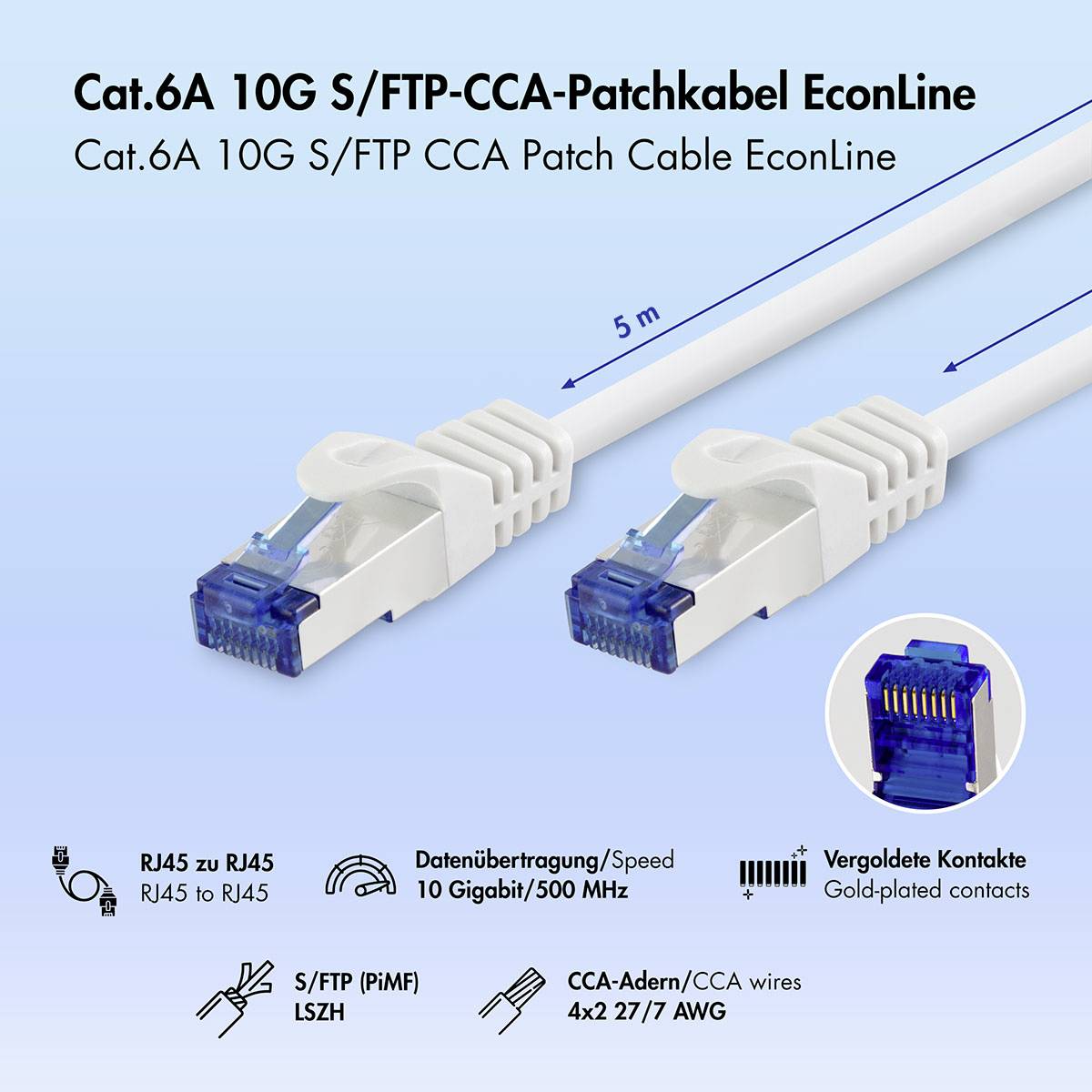 Image de produit d'un câble de raccordement Ethernet Cat.6A S/FTP CCA de 5 m avec connecteurs RJ45, mettant en évidence la vitesse de 10 Gigabit/500 MHz et les contacts plaqués or.