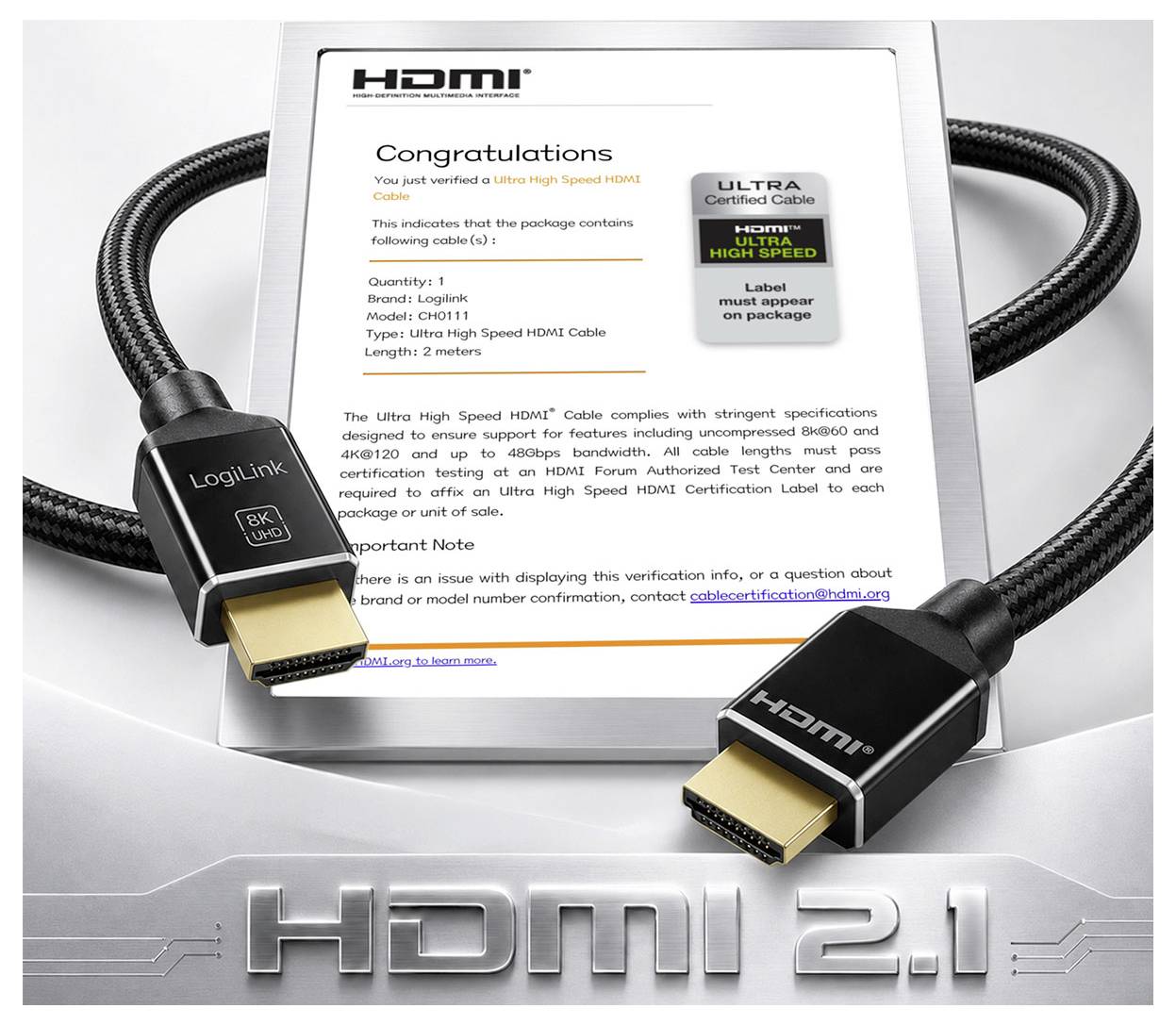 Câble HDMI Ultra Haute Vitesse avec deux connecteurs HDMI, présentant une boîte de certification et une marque « HDMI 2.1 ».