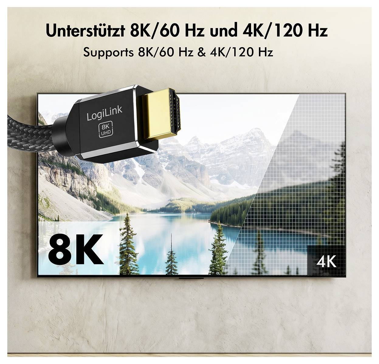 Câble HDMI supportant 8K/60 Hz et 4K/120 Hz, montré connecté à un téléviseur avec une imagerie partagée en 8K et 4K.