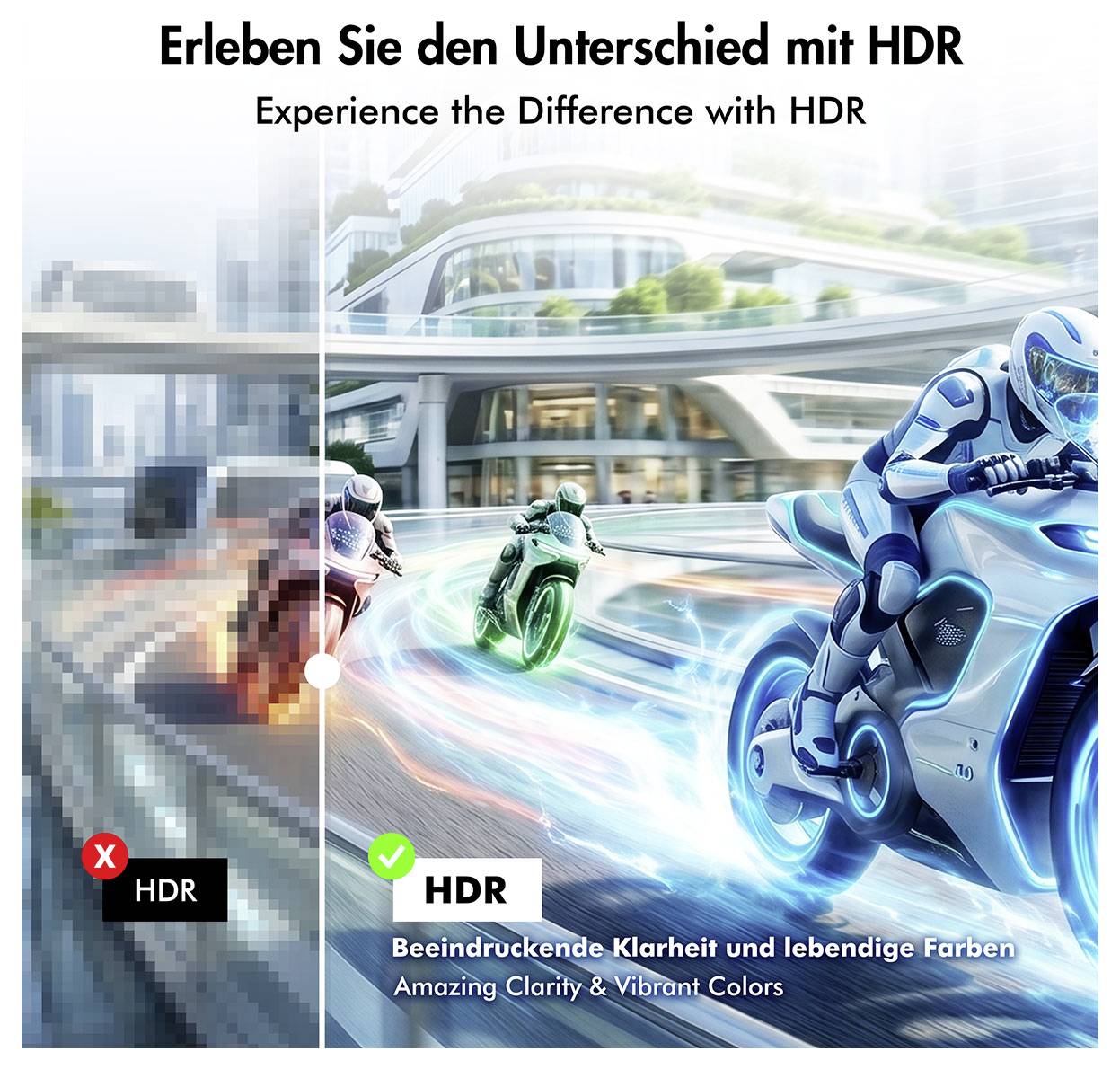 Image promotionnelle de comparaison HDR : scène de course floue et terne sur la gauche par rapport à une course de moto nette et éclatante sur la droite, avec le texte « Découvrez la Différence avec HDR ».