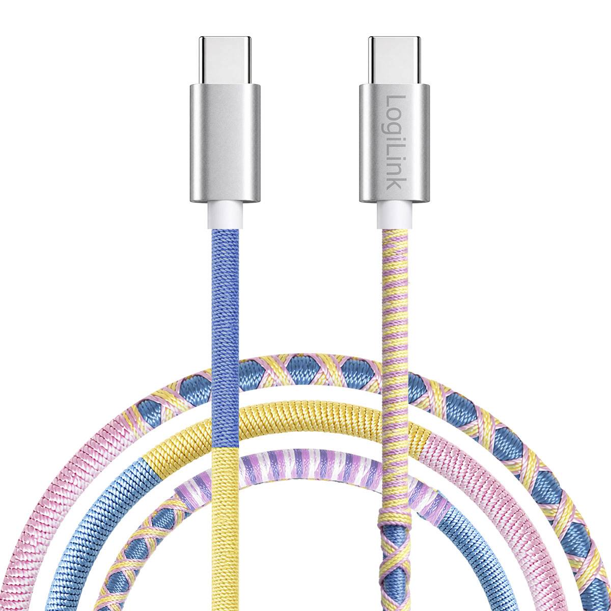 Deux câbles de charge USB-C tressés colorés avec des connecteurs argentés, présentés enroulés sur un fond blanc ; un connecteur est étiqueté « LogiLink ».