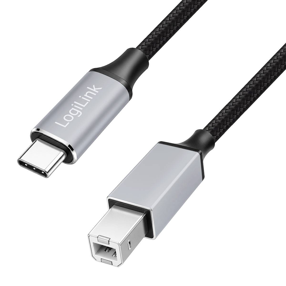 Deux câbles USB tressés avec connecteurs argentés, l'un USB-C et l'autre USB-B, présentés sur un fond blanc avec la marque « LogiLink ».