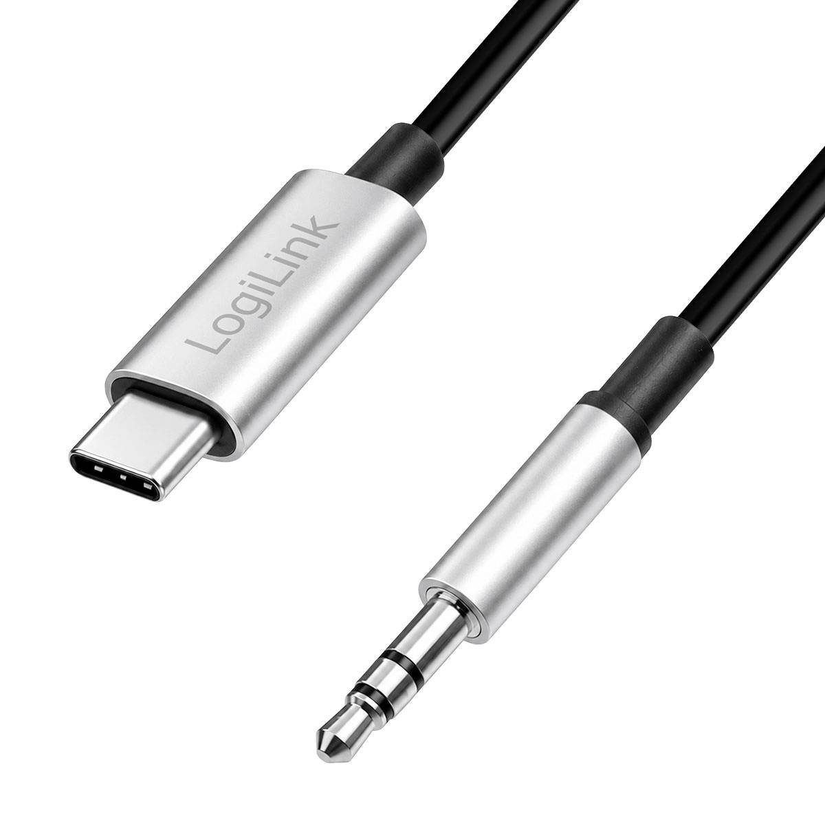 Câble adaptateur USB-C vers prise audio 3,5 mm avec connecteurs en métal argenté, présenté sur un fond blanc.