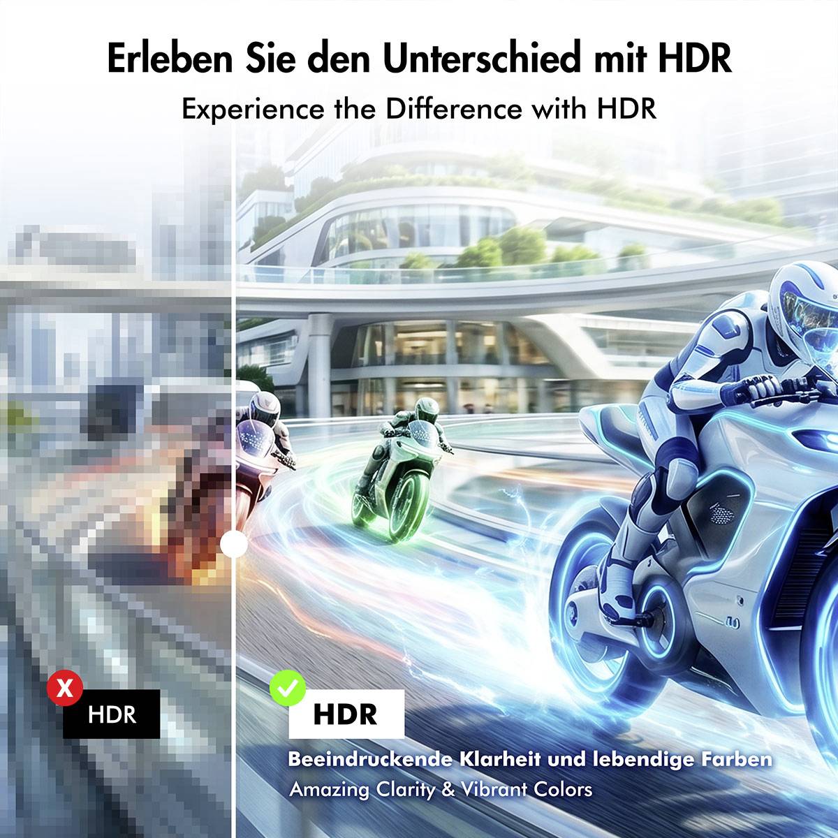 Image de comparaison HDR montrant une scène floue de faible qualité à gauche et une course de motos nette et vibrante à droite, avec le texte « Découvrez la Différence avec HDR » et « Une Clarté Remarquable et des Couleurs Vibrantes ».