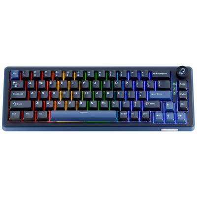 Clavier mécanique compact rétroéclairé RGB avec boîtier bleu et bouton rotatif, présenté de dessus sur fond blanc.