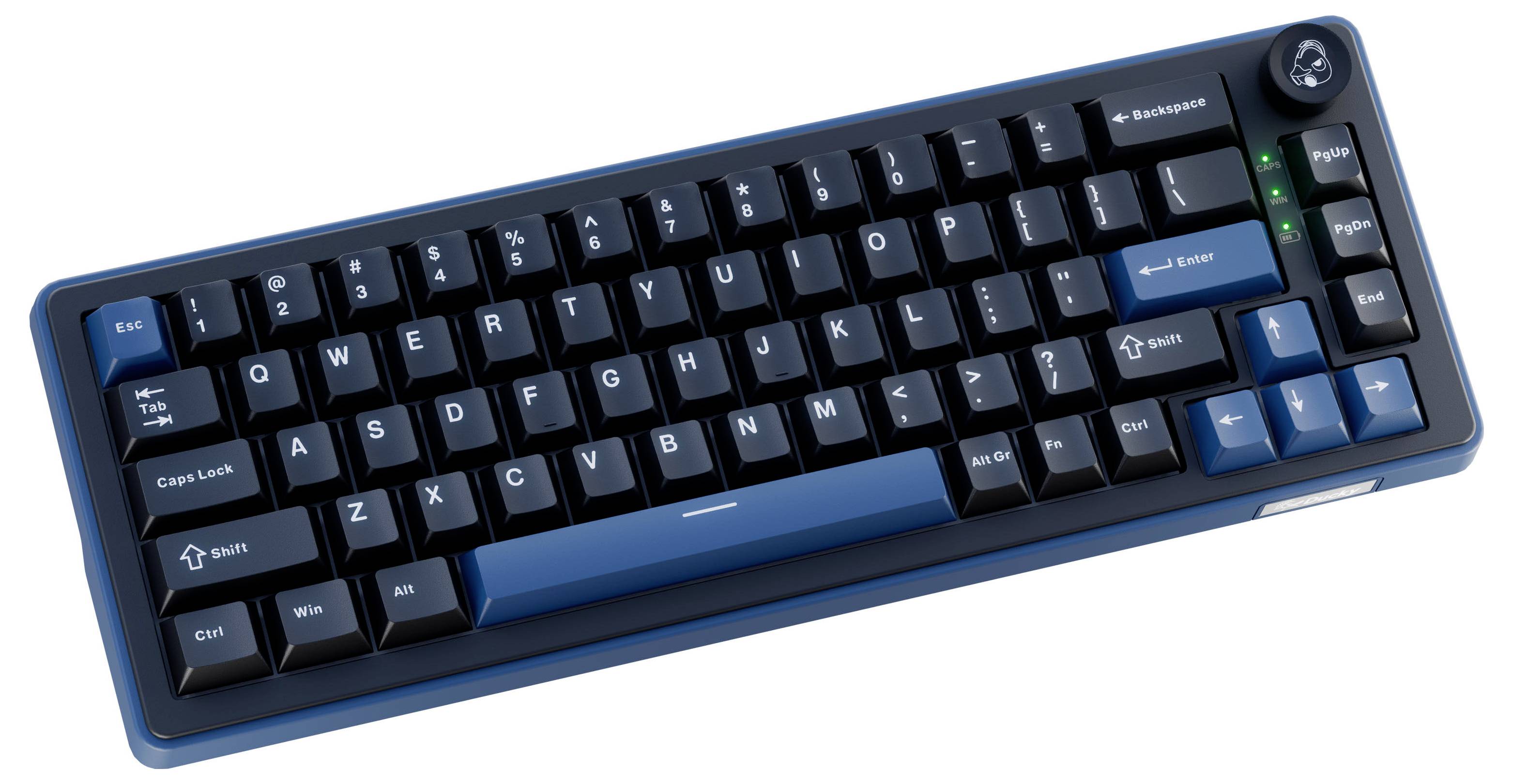Clavier mécanique compact noir incliné avec des accents bleus et un bouton de contrôle rond dans le coin supérieur droit.