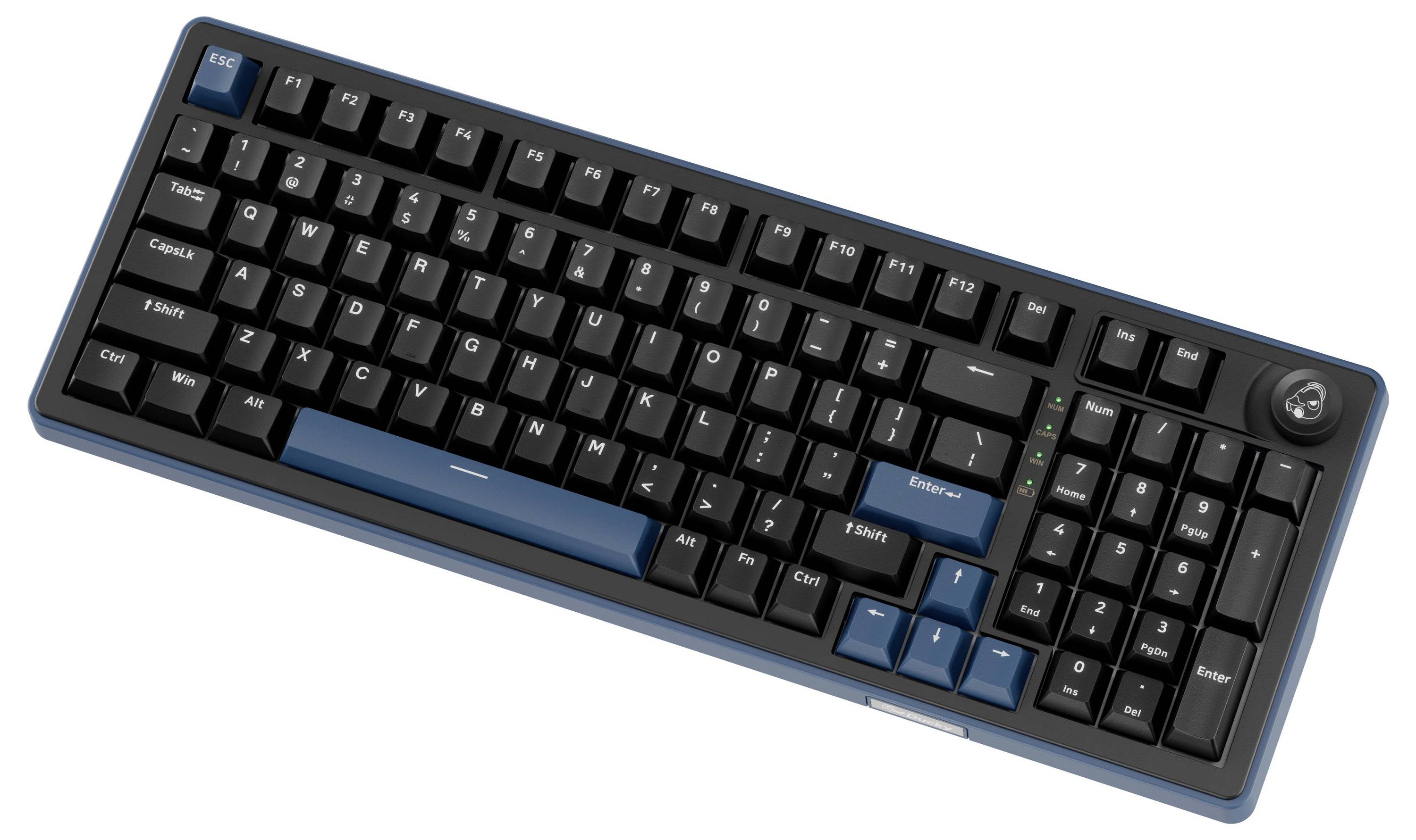 Clavier d'ordinateur noir de taille standard incliné avec des touches d'accent bleu et un bouton rotatif de volume en haut à droite.