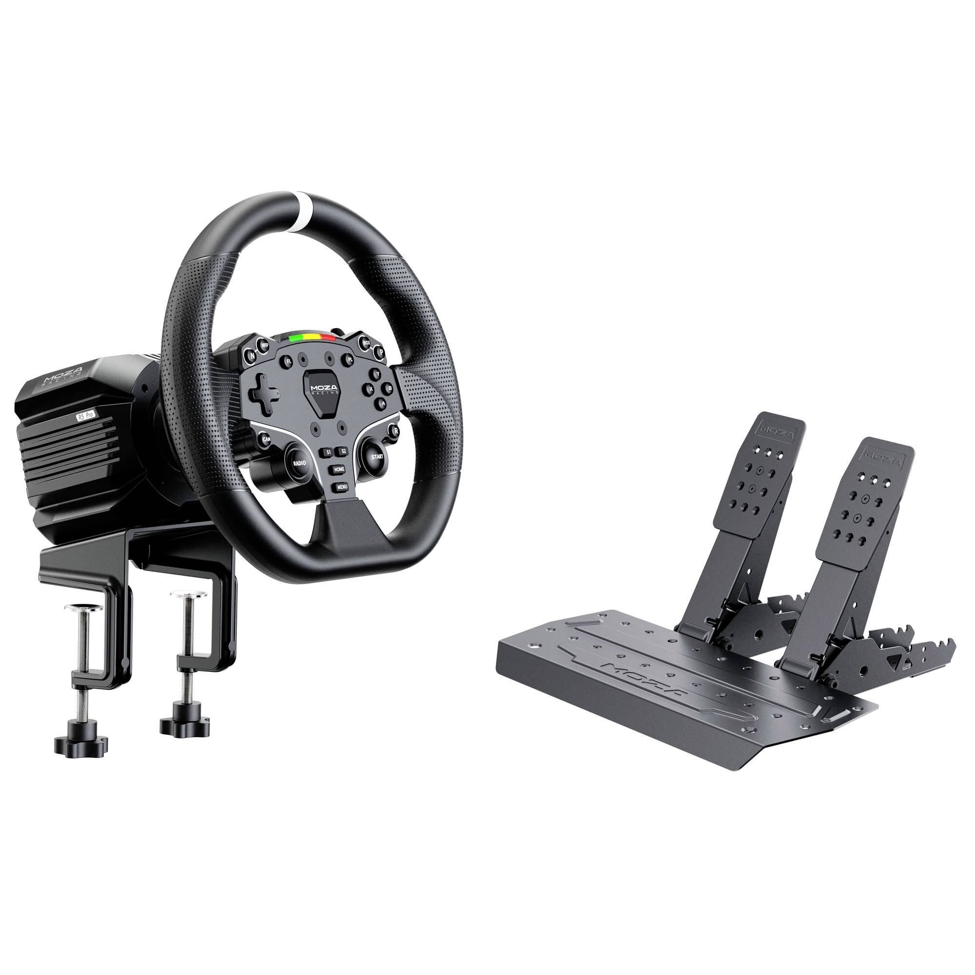 Ensemble de volant et pédales de jeu pour simulateur de conduite, présenté avec la base du volant à gauche et deux pédales ajustables à droite.