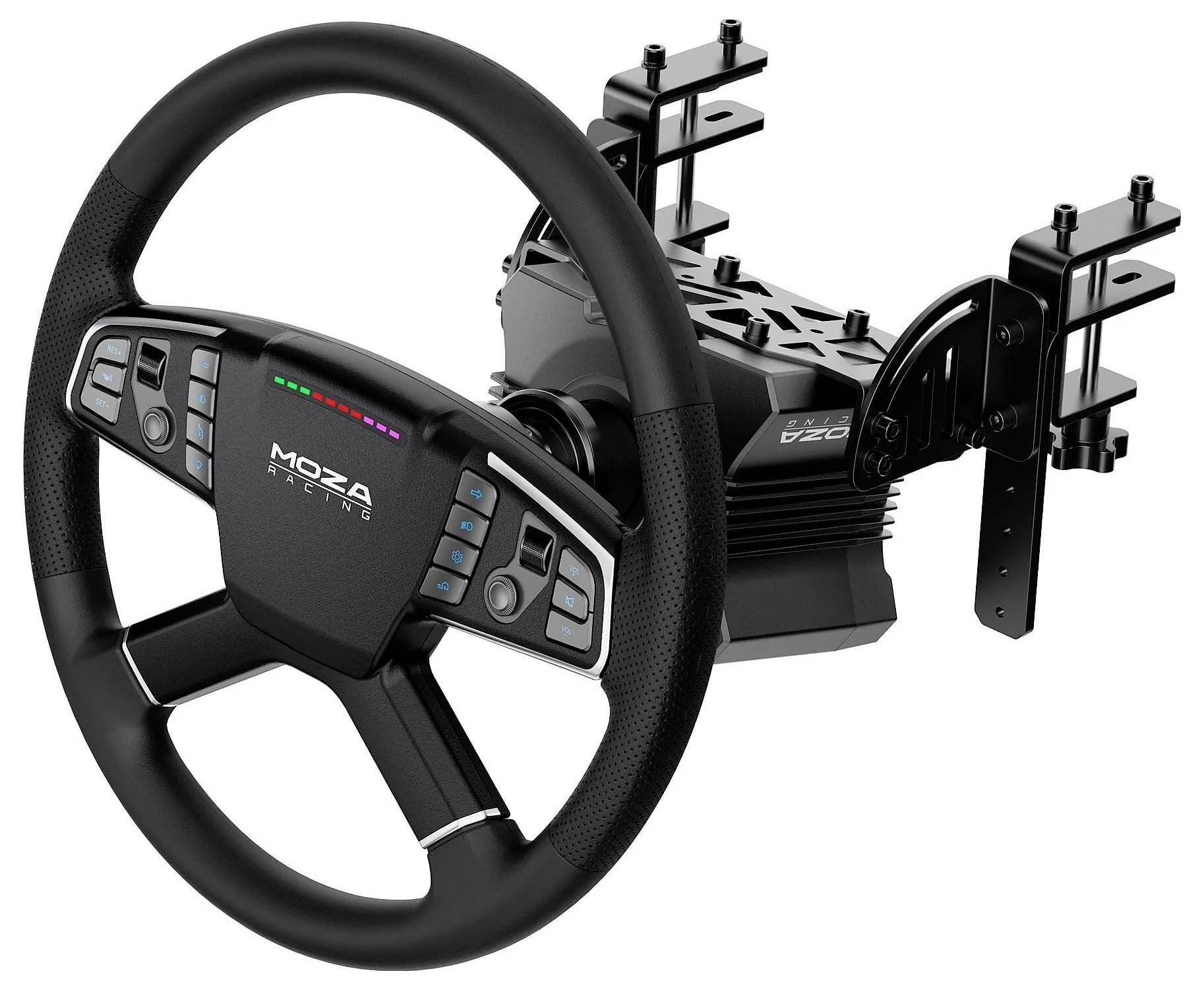Volant de simulation de course MOZA avec commandes par boutons et indicateur LED, monté sur une base de volant et un support de pédales
