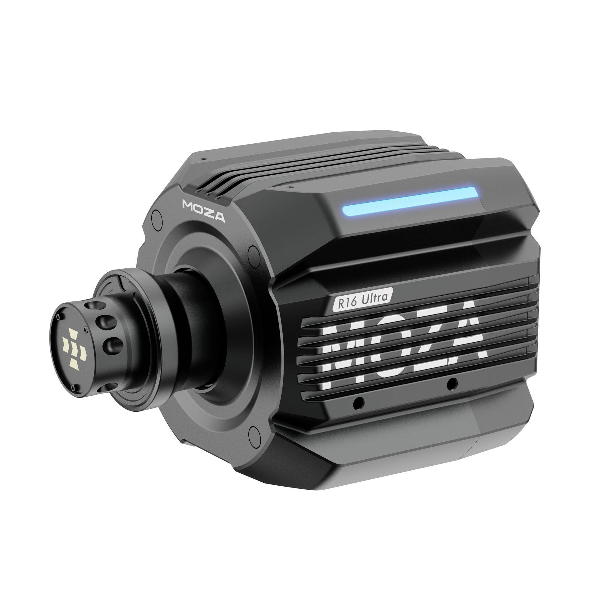 Base de volant de course à entraînement direct MOZA R16 Ultra avec boîtier noir, barre lumineuse LED bleue et ports avant présentés sur fond blanc.