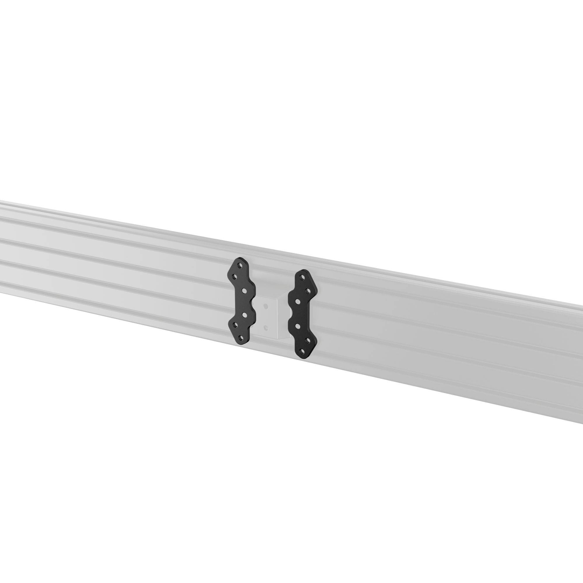 Deux supports de montage noirs fixés à un long rail en métal gris clair sur un fond blanc.