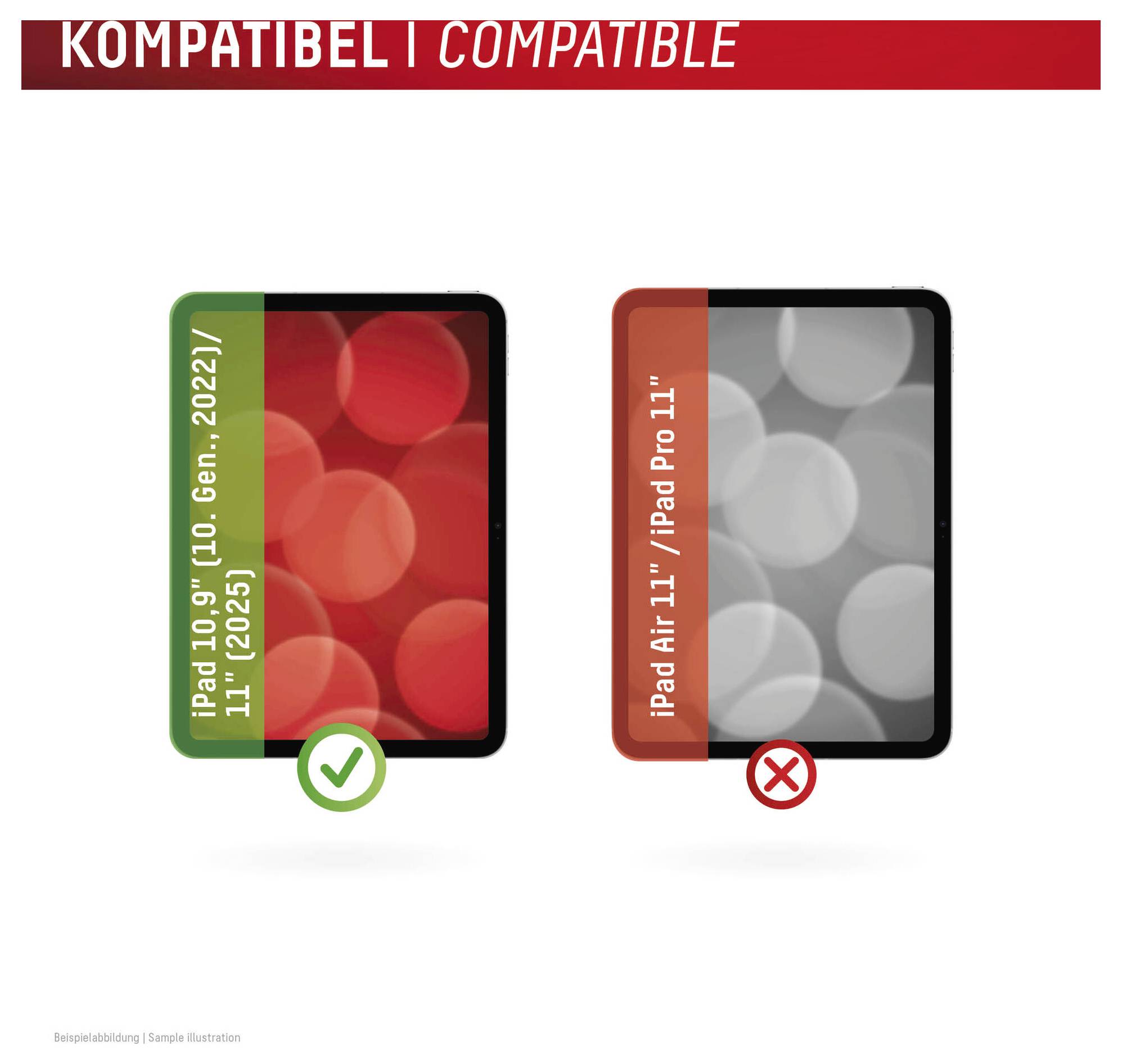 Graphique de compatibilité montrant que l'étui tablette de gauche est compatible avec iPad 10.9, iPad 10ème génération 2022 et 11i 2025, tandis que l'étui de droite pour iPad Air 11i/iPad Pro 11i ne l'est pas.