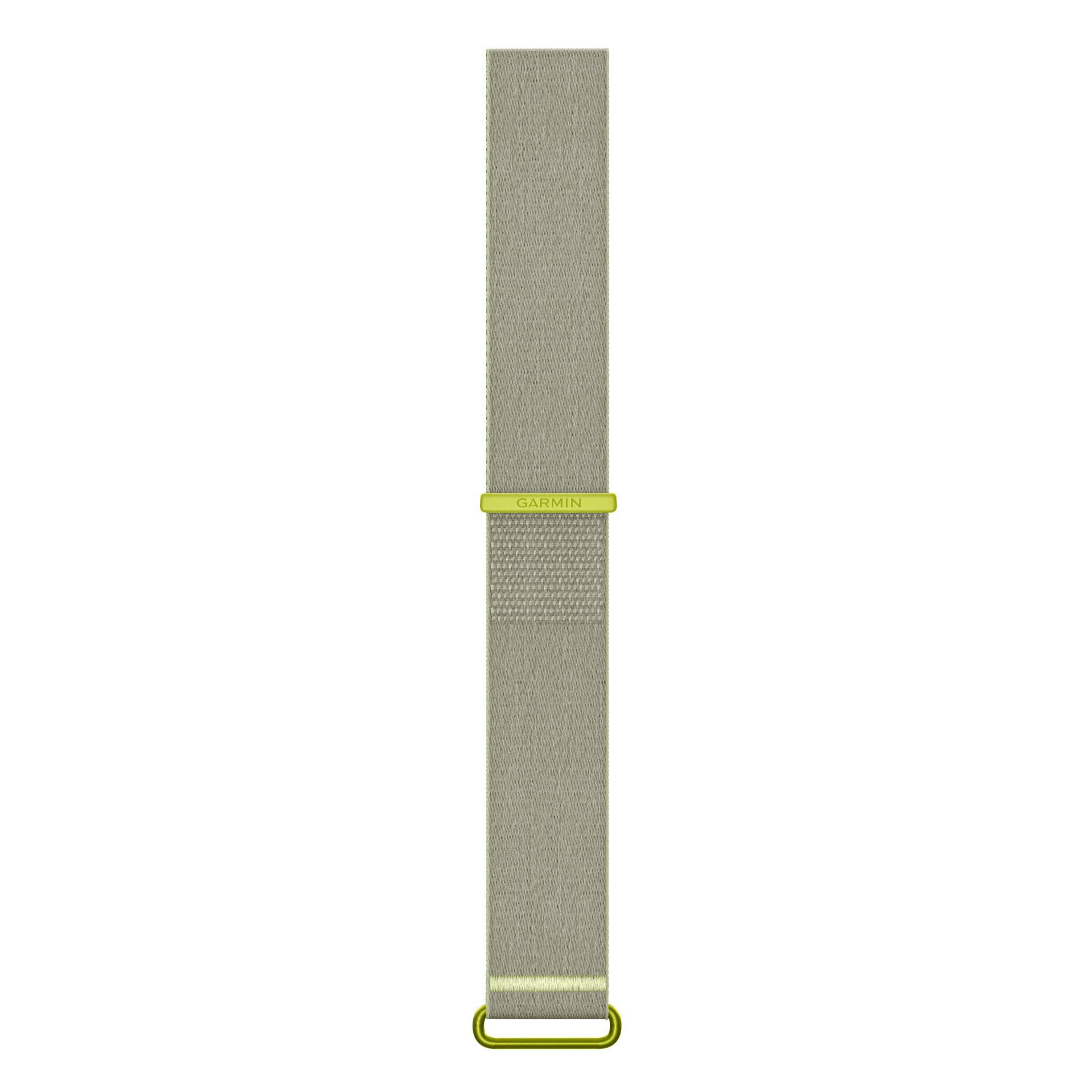 Bracelet de montre tissé beige avec un accent jaune et une boucle en métal, centré sur un fond blanc.