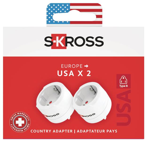 Adaptateur de voyage SKROSS pour l'Europe vers les États-Unis, montrant deux adaptateurs de type B et un en-tête avec le drapeau américain.
