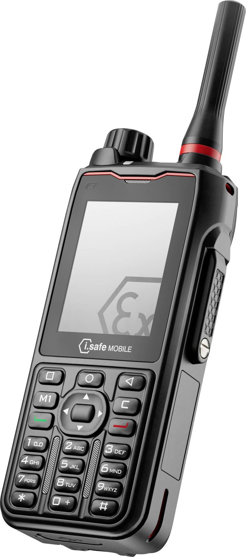 Téléphone portable robuste et noir avec antenne et clavier; l'écran affiche « Ca ».