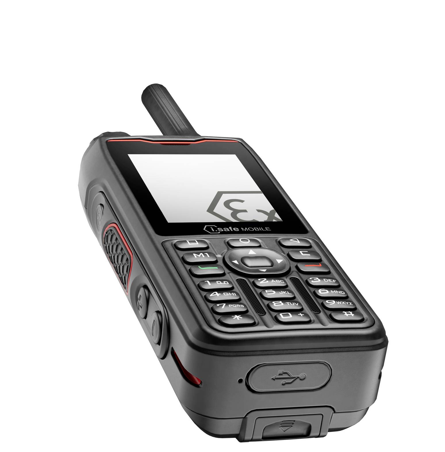 Téléphone mobile d'extérieur noir avec antenne et boîtier robuste, présenté de manière oblique sur fond blanc.