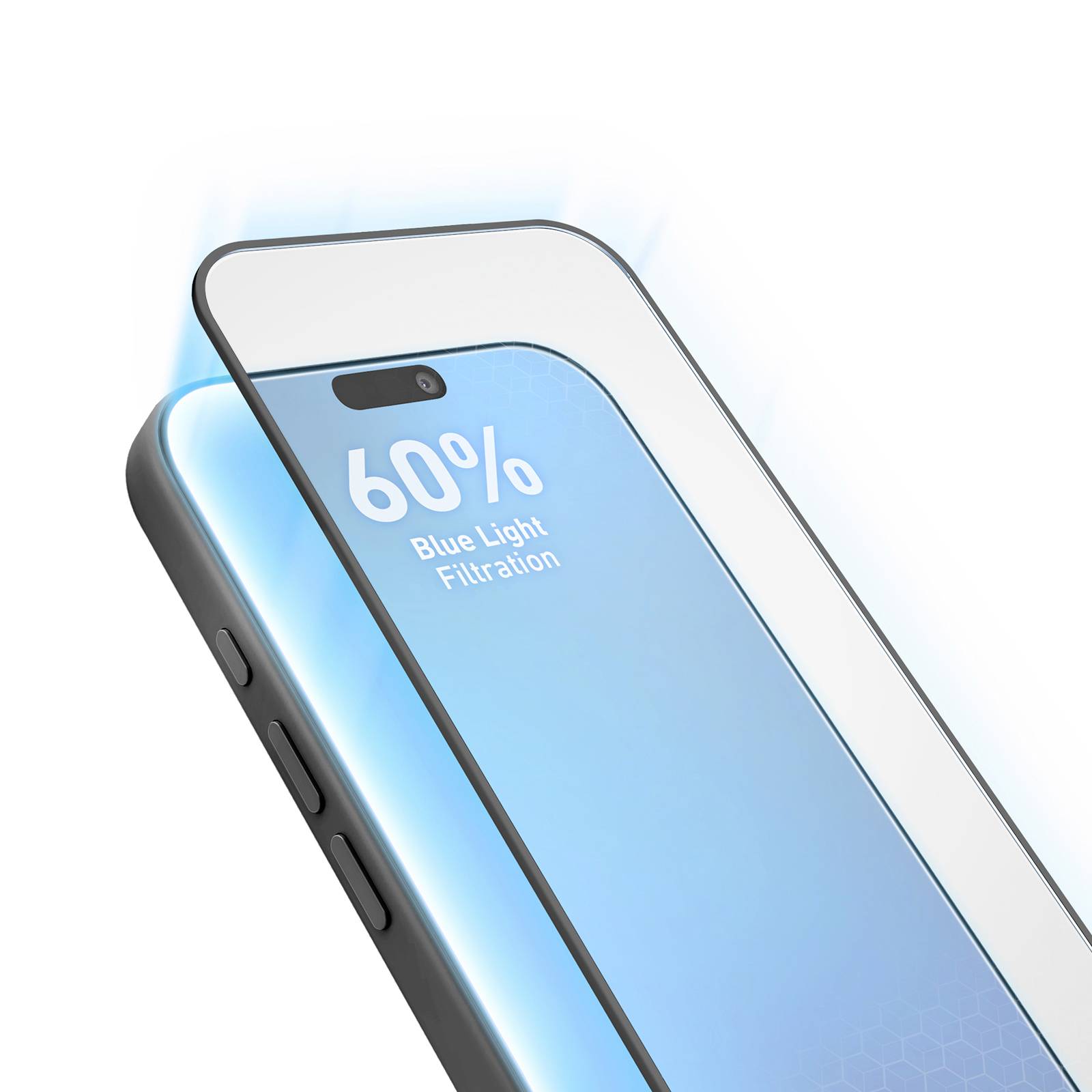 Illustration d'un écran de smartphone affichant « Filtration de la lumière bleue à 60 % », montrant une couche protectrice filtrant la lumière bleue.