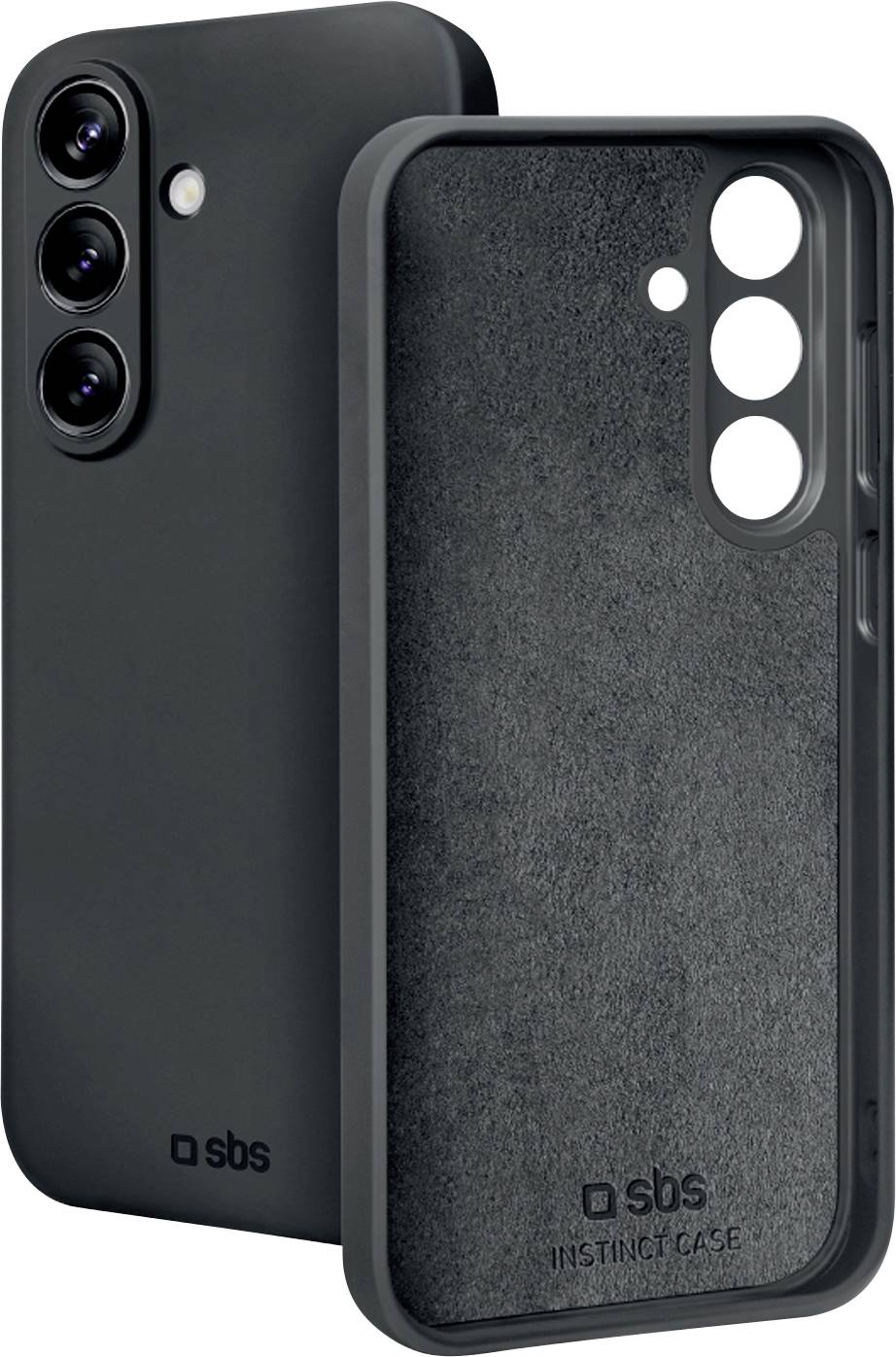 Coque de smartphone noire présentée de face et de dos, avec découpes pour triple caméra et marque SBS.