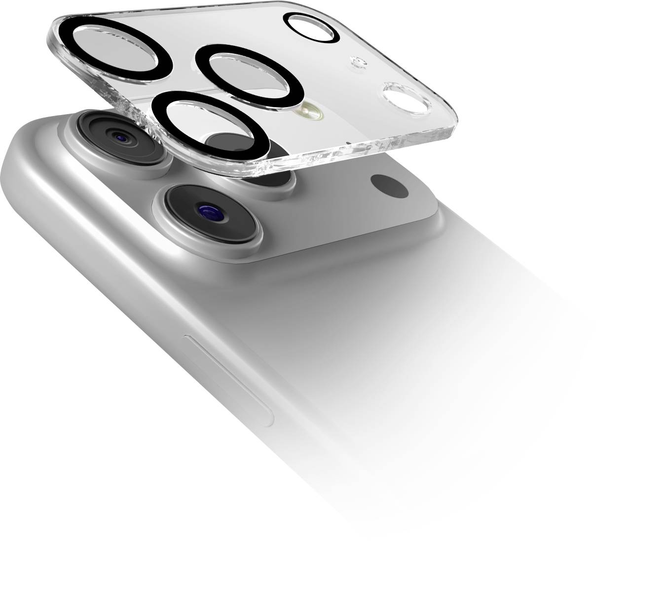 Vue éclatée d'un module de caméra arrière de smartphone avec trois objectifs et un flash sous un capot transparent surélevé.