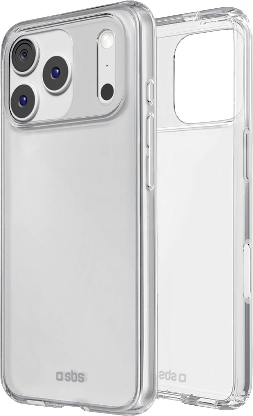 Deux étuis de smartphone transparents présentés de face et de dos, avec une protection surélevée pour l'appareil photo et des découpes pour les boutons et les ports.