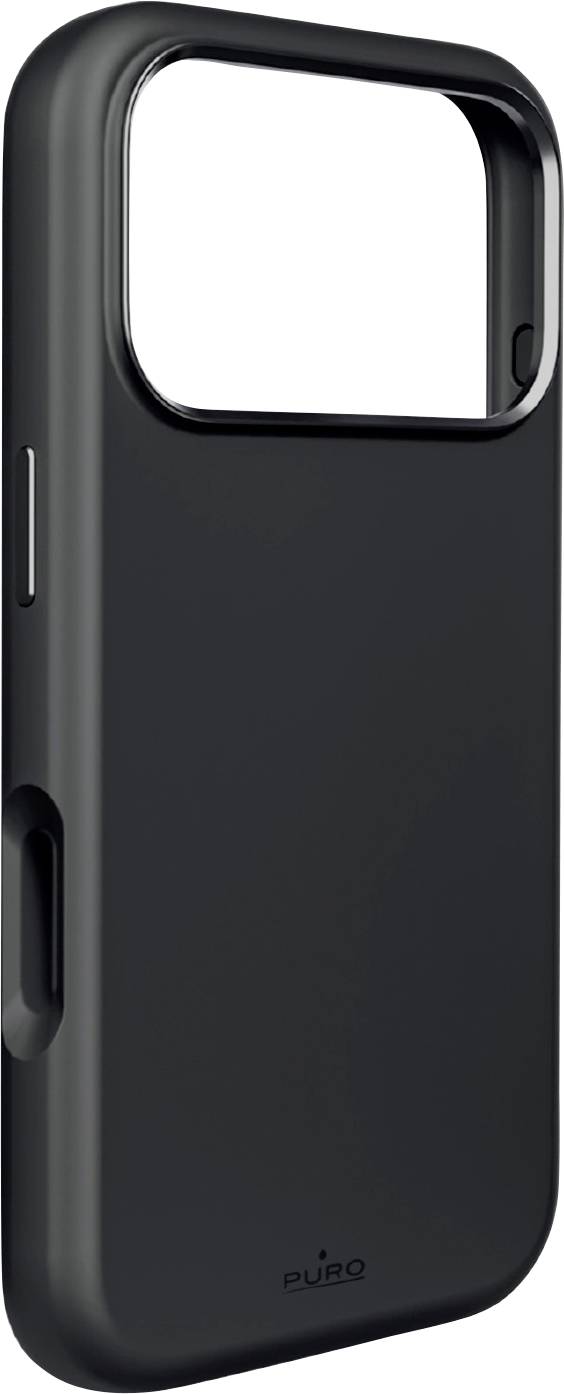 Coque de smartphone noire avec une grande découpe rectangulaire pour l'appareil photo, présentée sur fond blanc.