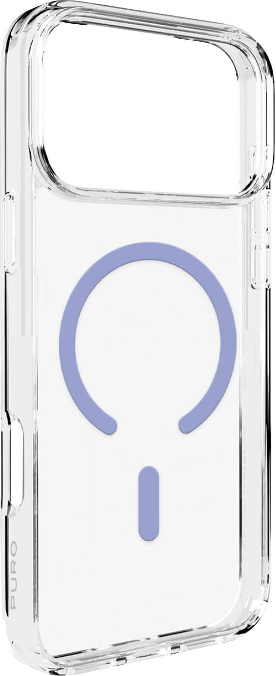 Étui de téléphone transparent avec un symbole d'alimentation bleu imprimé à l'arrière, présenté sur un fond blanc.