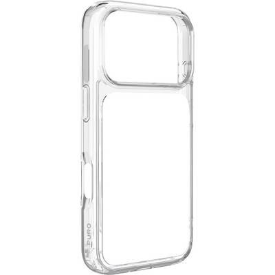 Étui de smartphone transparent avec une découpe de caméra rectangulaire surdimensionnée, présenté sur un fond blanc.
