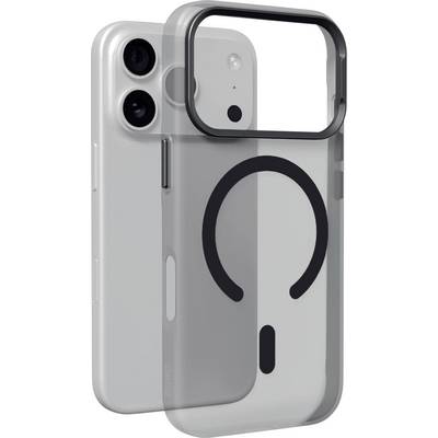 Coque iPhone transparente avec anneau MagSafe noir et cadre de caméra surélevé, présentée sur le téléphone dans une vue de style produit.