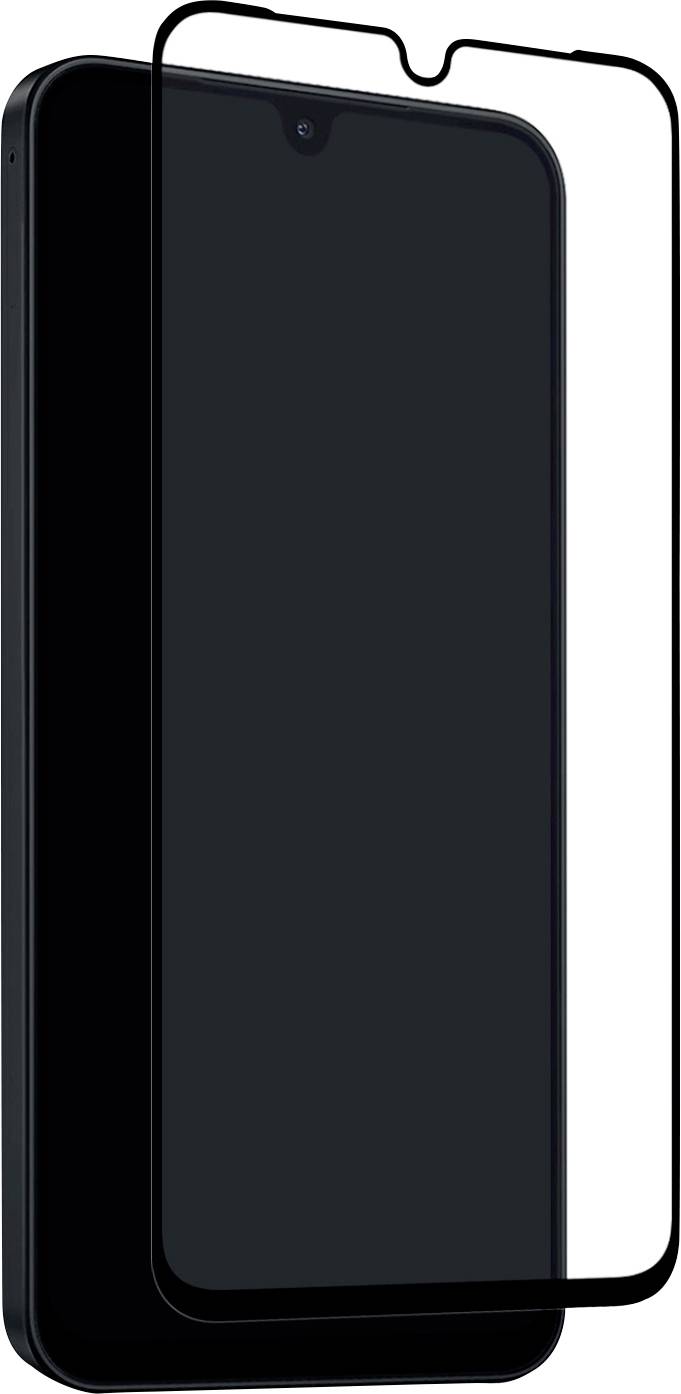 Un smartphone noir avec un protecteur d'écran transparent aligné sur l'écran, présenté sur un fond blanc.