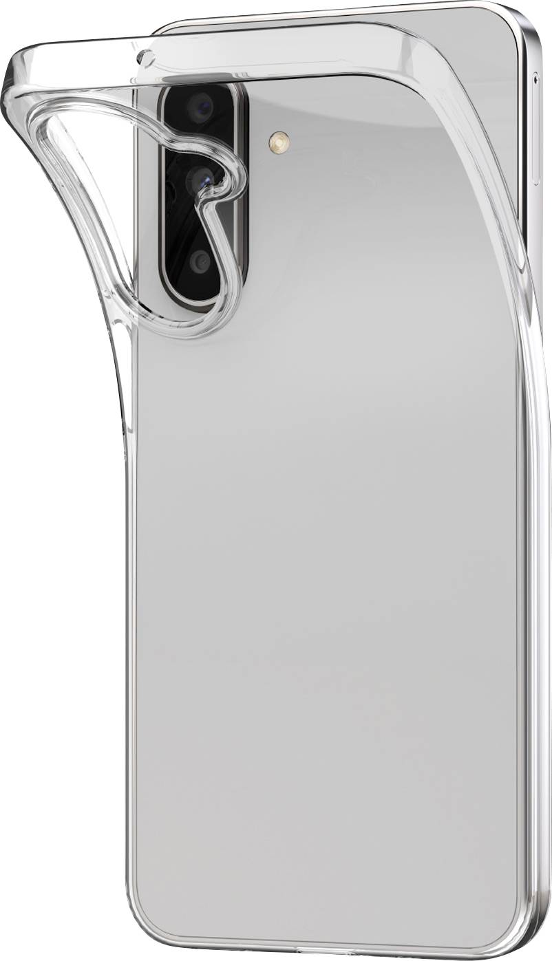 Étui de protection transparent pour téléphone sur un smartphone argenté, montré de l'arrière avec découpe pour caméra et bords surélevés.