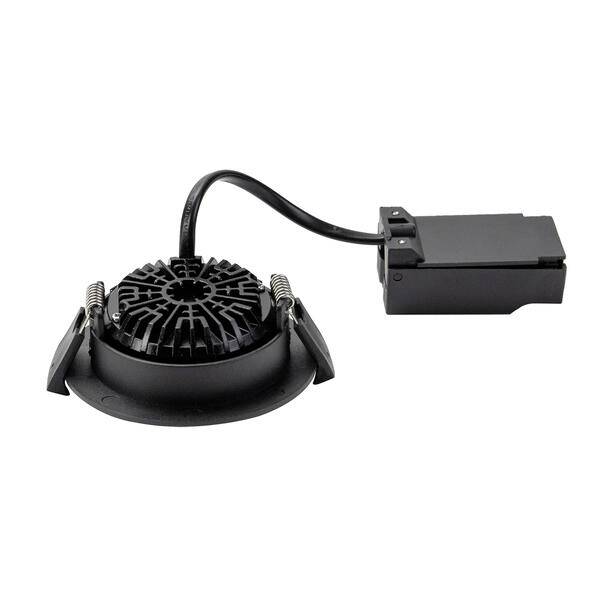 Projecteur LED encastré noir avec ressorts circulaires et boîtier de commande intégré, montré sur fond blanc.