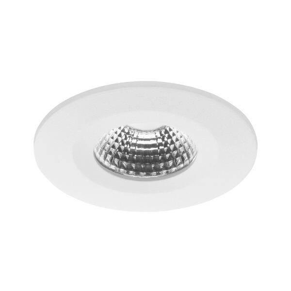 Un luminaire de plafond encastré de forme ronde avec un cadre blanc et un centre réfléchissant argenté, montré sur un fond blanc uni.