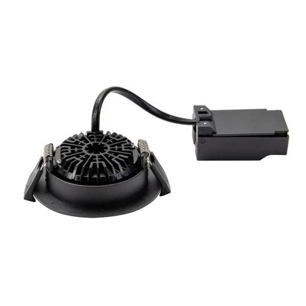 Luminaire LED encastré noir avec clips de ressort ronds et boîtier de commande rectangulaire attaché sur fond blanc