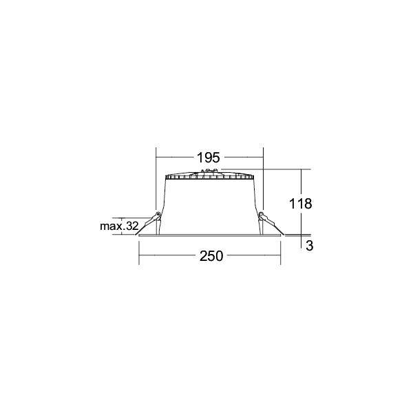 Dessin technique d'une pièce cylindrique conique avec dimensions : largeur supérieure 195, largeur de base 250, hauteur 118, et décalage latéral maximum de 32.