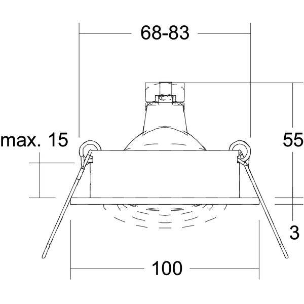 Dessin technique d'une applique encastrée avec dimensions : 100 de largeur, 55 de hauteur, 68-83 de largeur supérieure, dégagement latéral max. 15, et épaisseur de base 3.