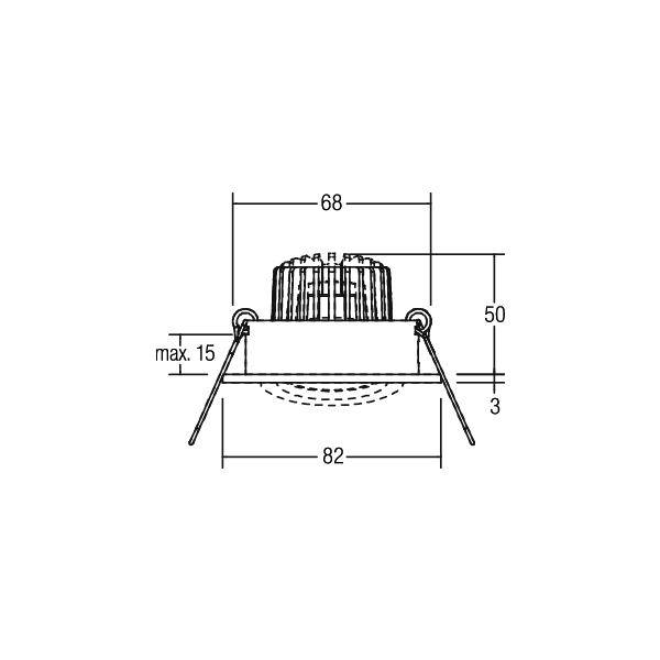 Schéma technique d'une enceinte d'éclairage encastré montrant les dimensions : largeur 68, hauteur 50, largeur de base 82, dégagement latéral maximum 15, et profondeur 3.