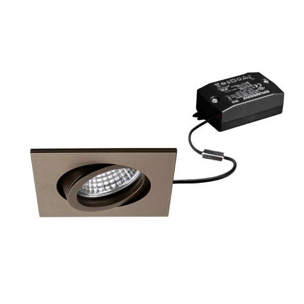 Luminaire encastré LED carré avec contour noir et boîtier de commande intégré sur fond blanc.