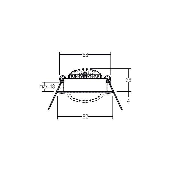 Schéma technique en vue de profil d'un luminaire rond encastré avec ressorts de montage, montrant les dimensions 68, 82, 36, max. 13, et 4.